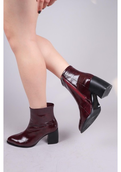 Scarlet Kroko Topuklu Bot Bordo modelleri