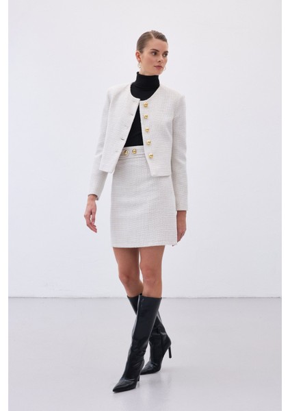 Düğme Detaylı Mini Tüvit Etek - Taş