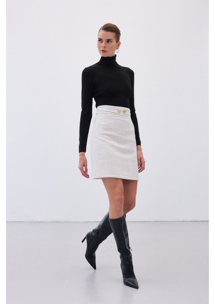 Düğme Detaylı Mini Tüvit Etek - Taş