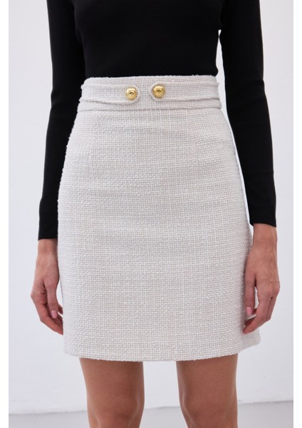 Düğme Detaylı Mini Tüvit Etek - Taş