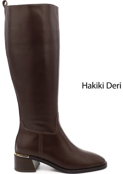 Kadın Kahverengi Platinum Fermuarlı Kalın Topuklu Hakiki Deri Çizme