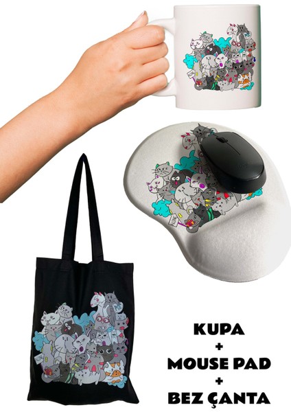 Kitten Baskılı Bilek Destekli Mousepad + Kupa Bardak Mug + Siyah Bez Çanta