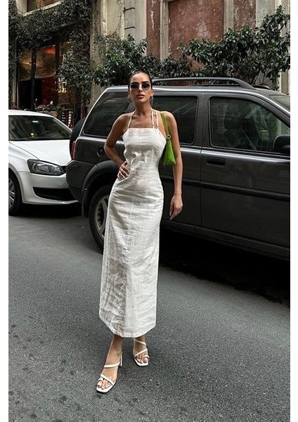 Trisha Sırt Dekolteli Keten Elbise 2496-20 Elbise