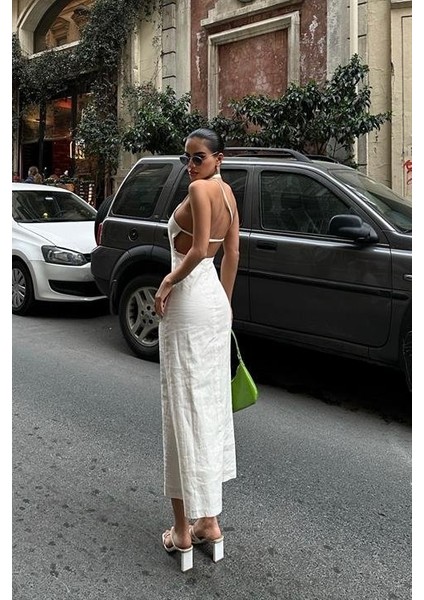 Trisha Sırt Dekolteli Keten Elbise 2496-20 Elbise modelleri