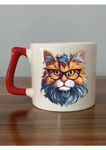 Bilgili Kedi Temalı Kırmızı Kulplu Kupa Bardak - Seramik Çay, Kahve Hediyelik Bardağı