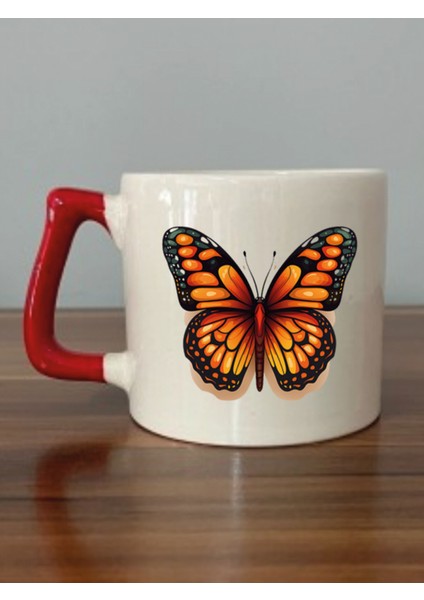 Kelebekli Kırmızı Kulplu Kupa Bardak - Seramik Çay, Kahve Hediyelik Bardağı