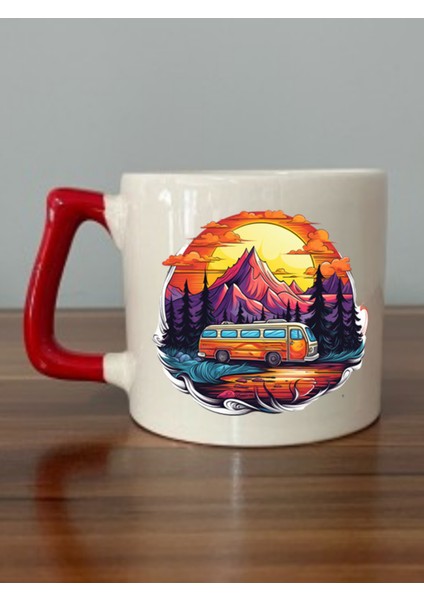 Karavan Baskılı Kırmızı Kulplu Kupa Bardak - Seramik Çay, Kahve Hediyelik Bardağı Öğretmenler Günü