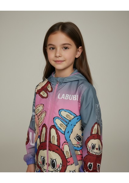 Kız Çocuk Labubu Karakter Baskılı Kapüşonlu Su Geçirmez Yağmurluk