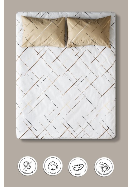 Reflection Desen Bej Renk Çift Kişilik Pamuklu Ranforce Nevresim Takımı Çarşaflı Yumuşak 200X220