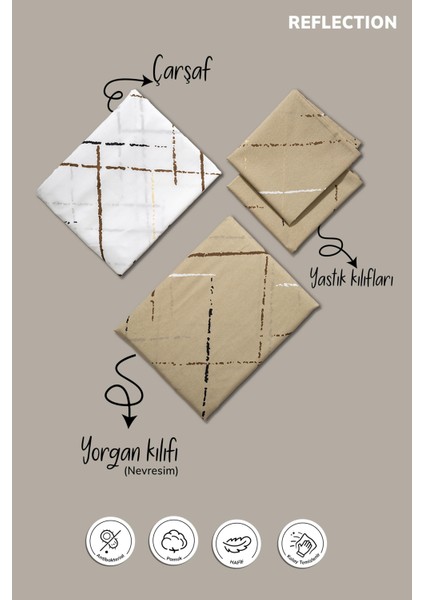 Reflection Desen Bej Renk Çift Kişilik Pamuklu Ranforce Nevresim Takımı Çarşaflı Yumuşak 200X220 fırsatları