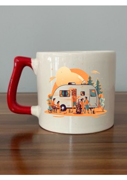 Karavan ve Tatil Görselli Kırmızı Kulplu Kupa Bardak - Seramik Çay, Kahve Hediyelik Bardağı