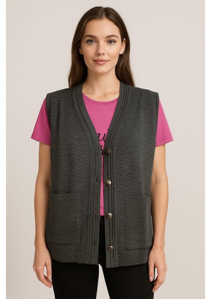 Kadın Düğmeli Triko Anne Yeleği Büyük Beden Cepli Rahat Kesim