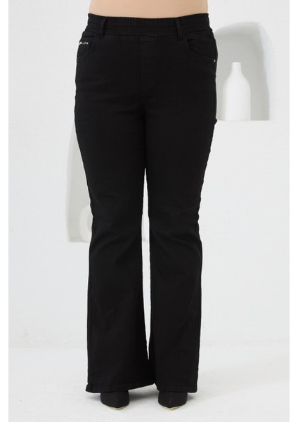 Ispanyol Paça Beli Lastikli Büyük Beden Kot Pantolon Siyah