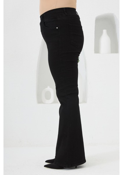 Ispanyol Paça Beli Lastikli Büyük Beden Kot Pantolon Siyah modelleri