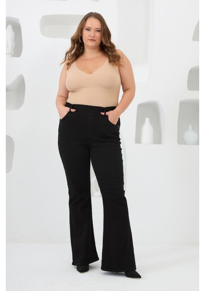 Ispanyol Paça Beli Lastikli Büyük Beden Kot Pantolon Siyah indirimleri