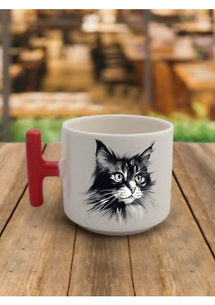 Siyah Kedi Görselli Kahve Bardağı Seramik Kupa - Seramik Çay, Kahve Hediyelik Bardağı