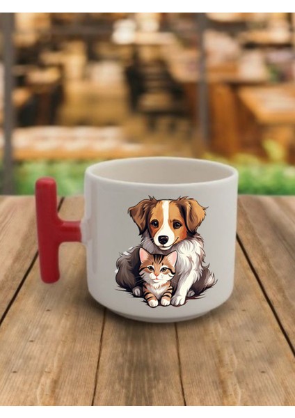 Kedi Köpek Dostluğu Kupa Kahve Bardağı Seramik Kupa - Seramik Çay, Kahve Hediyelik Bardağı
