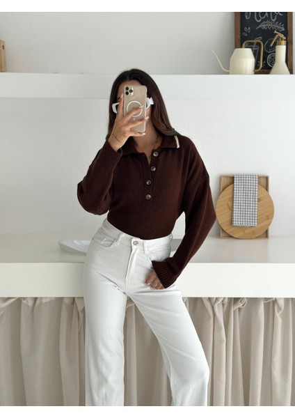 Polo Yaka Düğmeli Yumuşak Dokulu Triko Kazak fırsatları