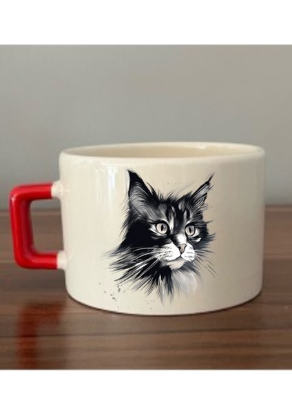 Siyah Kedi Görselli Fincan Seramik Kupa - Seramik Çay, Kahve Hediyelik Bardağı