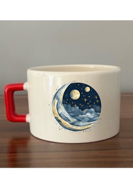 Ay Baskılı Kırmızı Kulplu Fincan Seramik Kupa - Seramik Çay, Kahve Hediyelik Bardağı