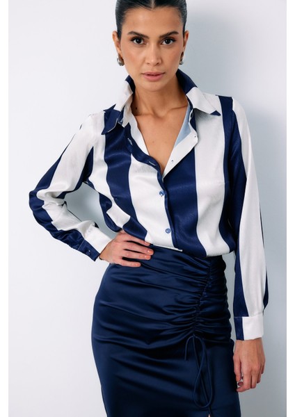 Çizgili Düz Gömlek - Lacivert indirimleri
