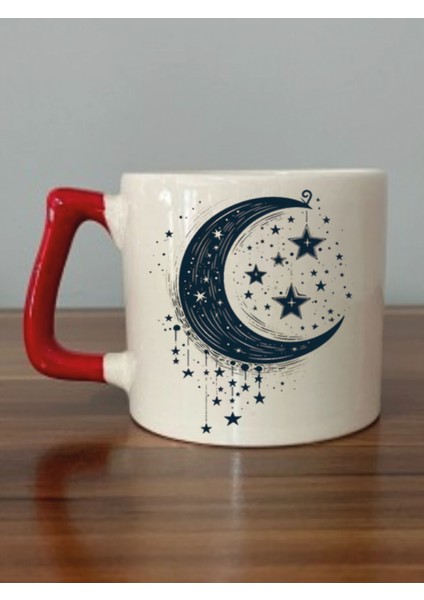 Aya Asılı Yıldızlar Temalı Kırmızı Kulplu Kupa Bardak - Seramik Çay, Kahve Hediyelik Bardağı
