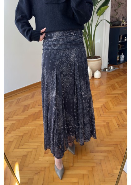 Şal Desen Premium Etek- Lacivert