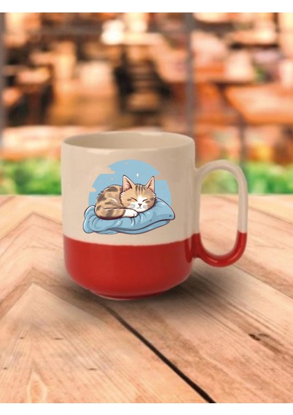Uyuyan Kedi Kırmızı Tabanlı Seramik Kupa Bardak - Seramik Çay, Kahve Hediyelik Bardağı