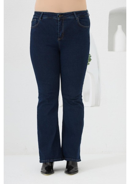 Ispanyol Paça Büyük Beden Kot Pantolon Koyu Lacivert