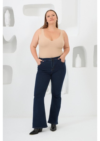 Ispanyol Paça Büyük Beden Kot Pantolon Koyu Lacivert modelleri