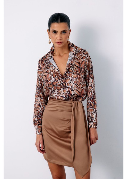 Leopar Desenli Klasik Gömlek - Taba