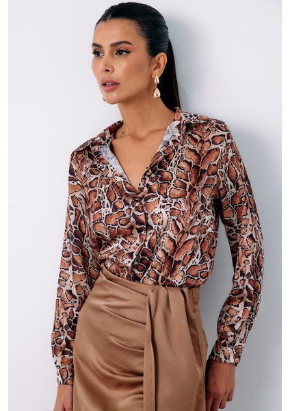 Leopar Desenli Klasik Gömlek - Taba modelleri