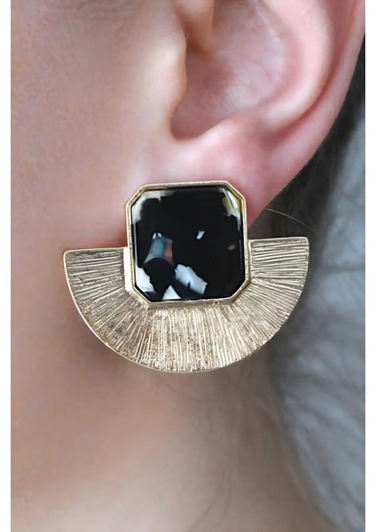 Çelik Desenli Mineli Yelpaze Model Küpe