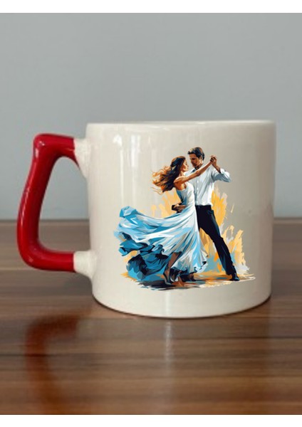 Dans Eden Kadın ve Erkek Temalı Kırmızı Kulplu Kupa Bardak - Seramik Çay, Kahve Hediyelik Bardağı