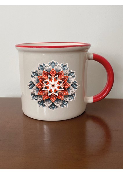 Yağlı Boya Çiçek Temalı Kırmızı Ağızlı Kupa Bardak - Seramik Çay, Kahve Hediyelik Bardağı