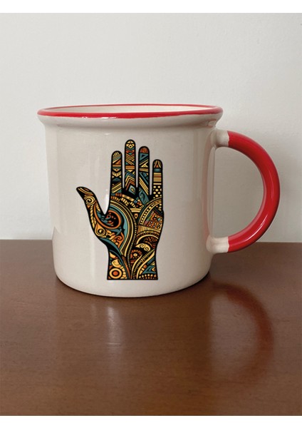 Otantik El Temalı Kırmızı Ağızlı Kupa Bardak - Seramik Çay, Kahve Hediyelik Bardağı