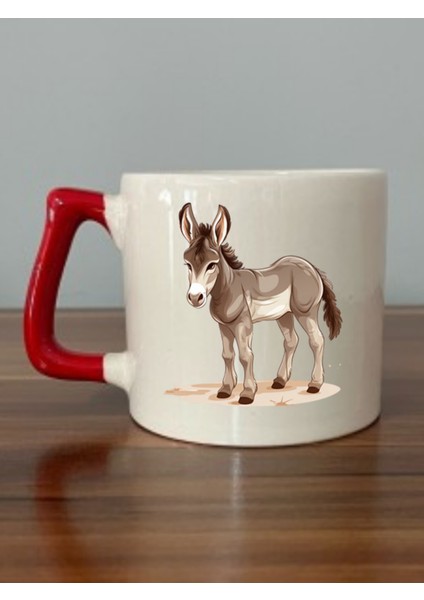 Eşek Baskılı Kırmızı Kulplu Kupa Bardak - Seramik Çay, Kahve Hediyelik Bardağı