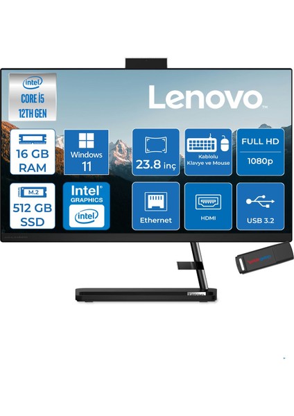 Ideacentre Aıo 3 24IAP7 Intel Core I5 12450H 16GB 512GB SSD WIN11PRO 23.8" Fhd (1920X1080) IPS 250NITS All In One Bilgisayar Siyah F0GH01J1TRP02+ZETTAUSBBELLEK
