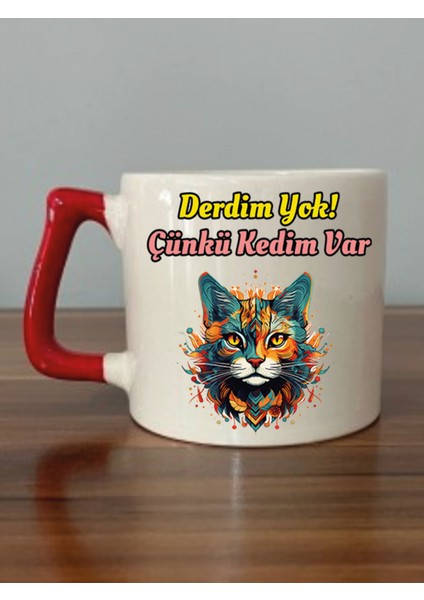 Derdim Yok Çünkü Kedim Var Kırmızı Kulplu Kupa Bardak - Seramik Çay, Kahve Hediyelik Bardağı