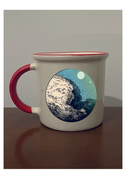 Modern Tema Baskılı Kırmızı Ağızlı Kupa Bardak - Seramik Çay, Kahve Hediyelik Bardağı