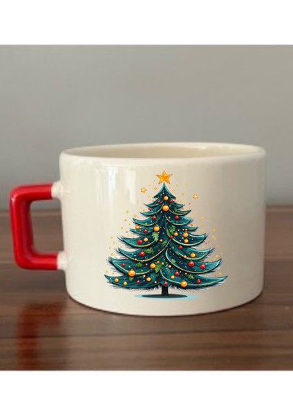 Yılbaşı Ağacı Baskılı Yeni Yıl Yılbaşı Hediyelik Kırmızı Kulplu Fincan
