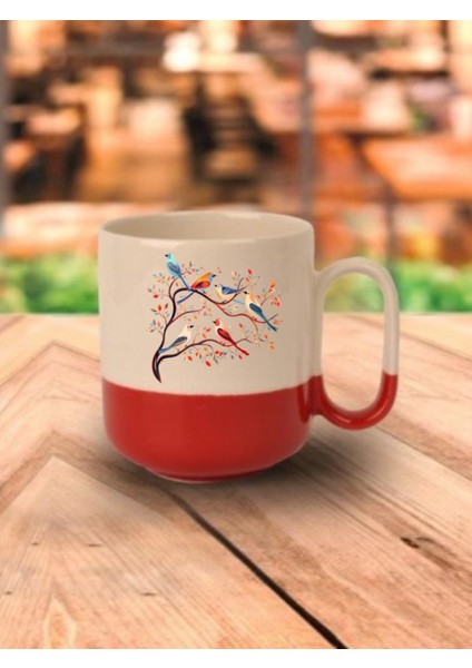 Kuş Baskılı Kırmızı Tabanlı Kupa Bardak - Seramik Çay, Kahve Hediyelik Bardağı