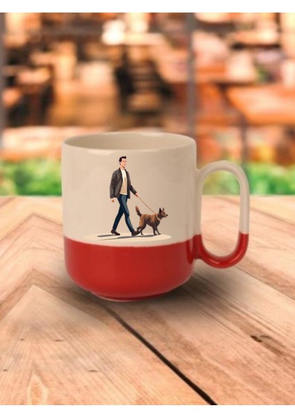Köpek Gezdiren Adam Baskılı Kırmızı Tabanlı Kupa Bardak - Seramik Çay, Kahve Hediyelik Bardağı