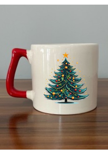 Yılbaşı Ağacı Görselli Yeni Yıl Yılbaşı Hediyelik Kırmızı Kulplu Kupa Bardak