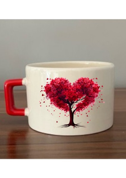 Kalpli Ağaç Baskılı Kırmızı Kulplu Fincan Seramik Kupa - Seramik Çay, Kahve Hediyelik Bardağı