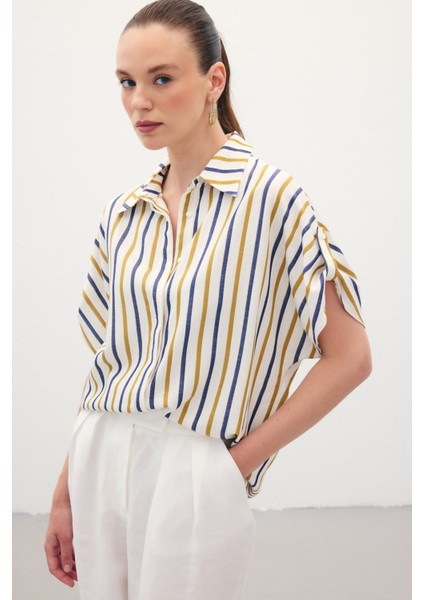 Keten Karışımlı Çizgili Gömlek - Lacivert