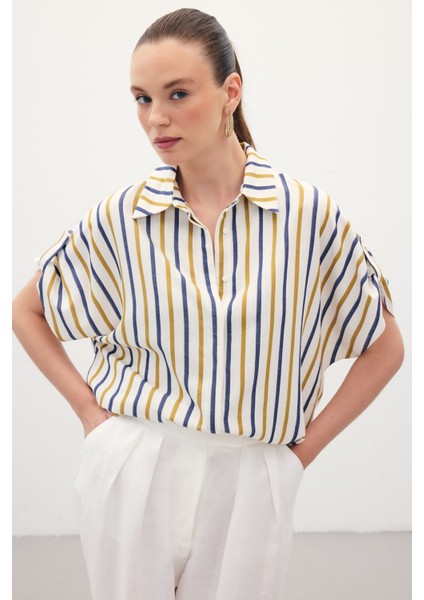 Keten Karışımlı Çizgili Gömlek - Lacivert fiyatları