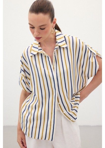 Keten Karışımlı Çizgili Gömlek - Lacivert modelleri