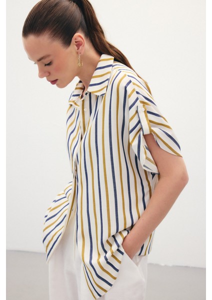 Keten Karışımlı Çizgili Gömlek - Lacivert fırsatları