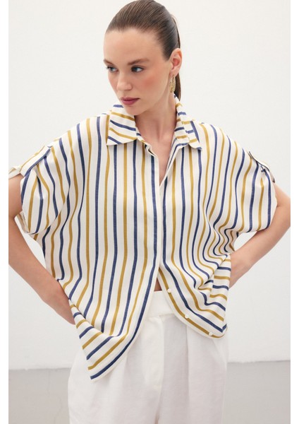 Keten Karışımlı Çizgili Gömlek - Lacivert indirimleri